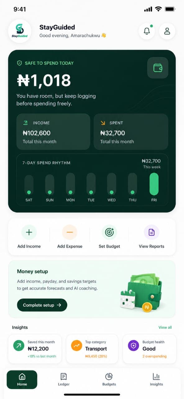 StayGuided dashboard showing safe-to-spend and daily money guidance