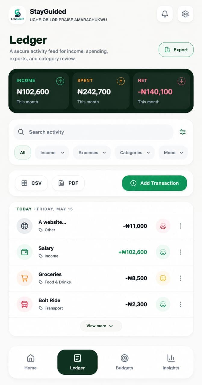 StayGuided ledger showing recent spending records